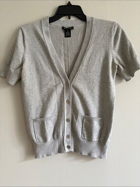 Audrey & Grace Heather Gray Short Sleeve Button-Up Cardigan